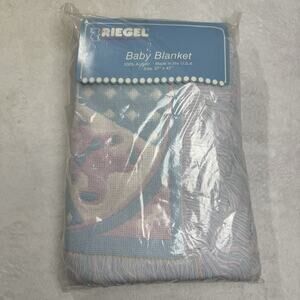 Vtg Riegel Teddy Bear Baby Blanket Pink Blue USA 37x43 Woven Fringe Throw Pastel